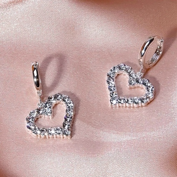 Any 3/$25! Silver Crystal Pave Heart Huggie Hoop Earrings - Picture 3 of 6